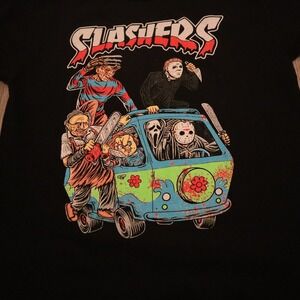 SLAHERS Horror Movie Characters Freddy Jason Chucky Graphic T Shirt Black Mens M